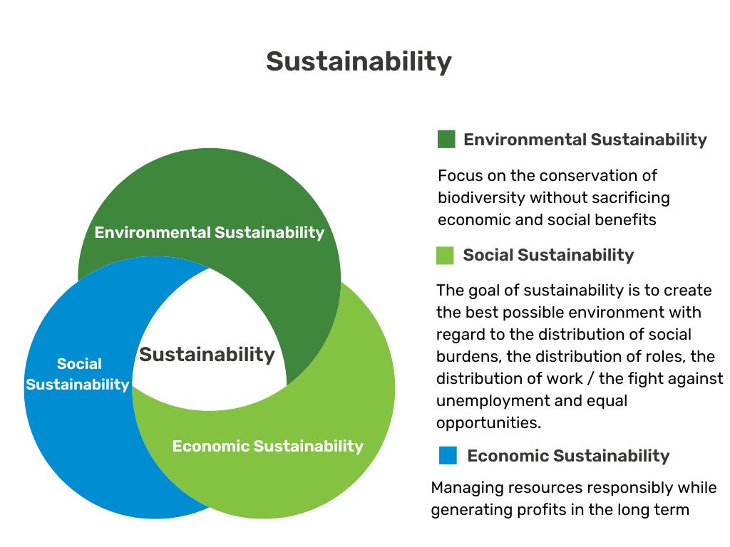 Venn diagram of sustainability: environmental, social, and economic aspects with detailed text explanations.